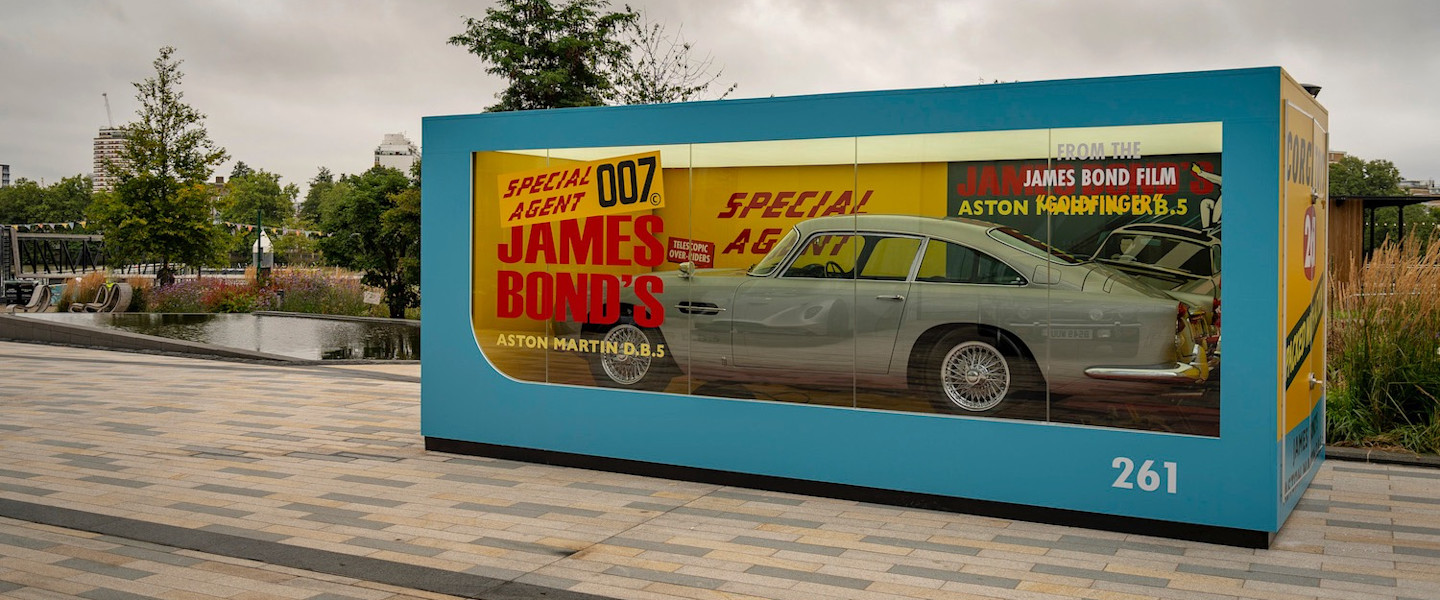 The full-size replica of the original 1965 Corgi DB5 model stands out on a grey day in London